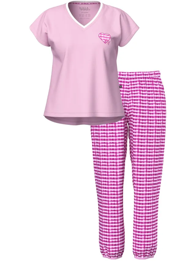 Ulla Popken Dames - Pyjama ruit V-hals korte mouwen - Roze - Maat 42+