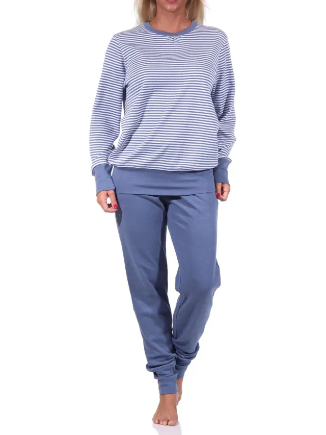 Normann Cosy damespyjama met lange mouwen en manchetten in streepjeslook - 212 201 96 258 blau