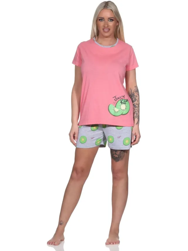 Normann damespyjama shorty met korte mouwen en kortei pyjamabroek in coole Allover Print roze