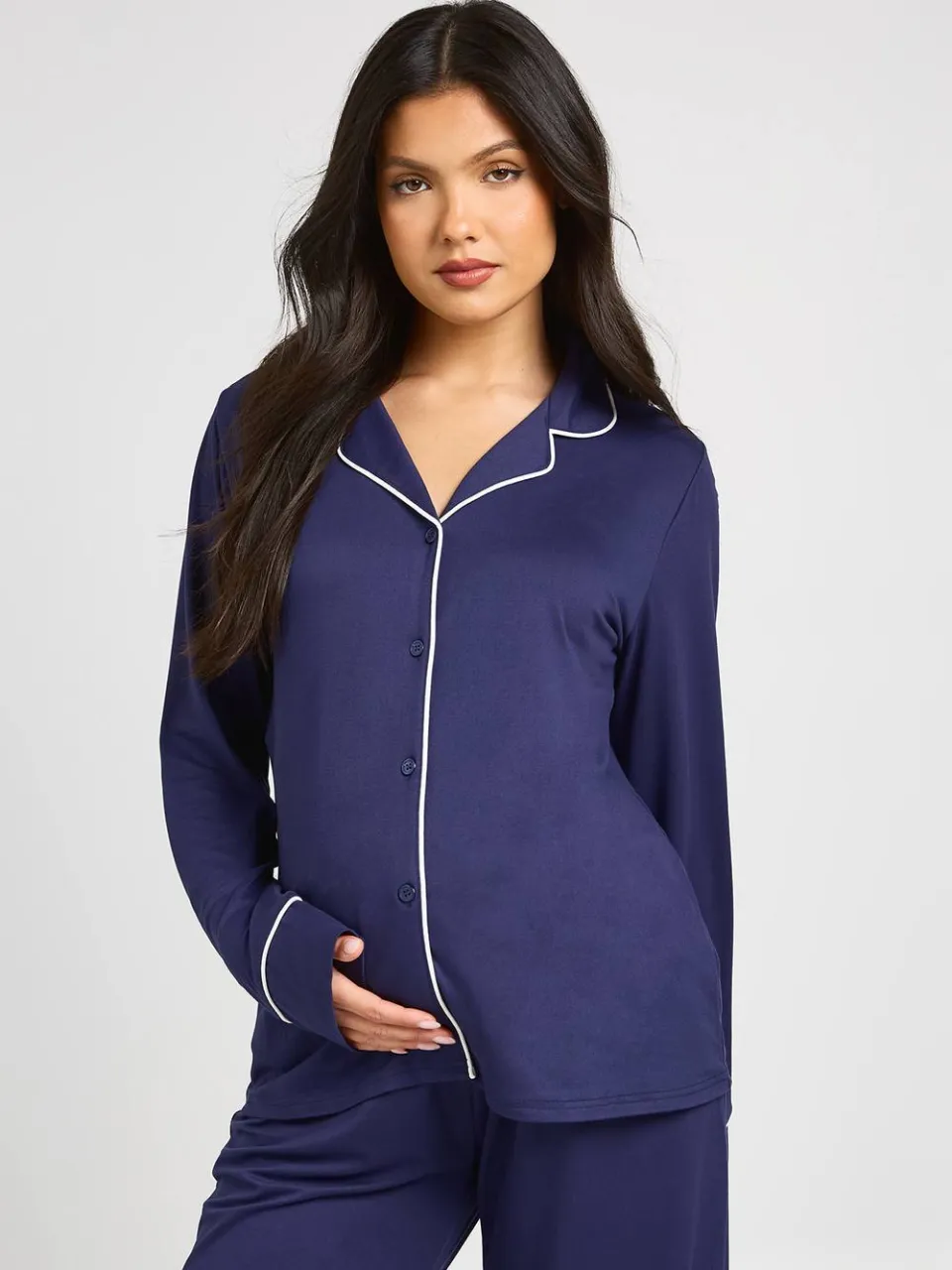 boohoo Dames Zwangerschaps Pyjama Set Met Paspeldetail, Shirt Met Lange Mouwen & Broek marineblauw, foto 3