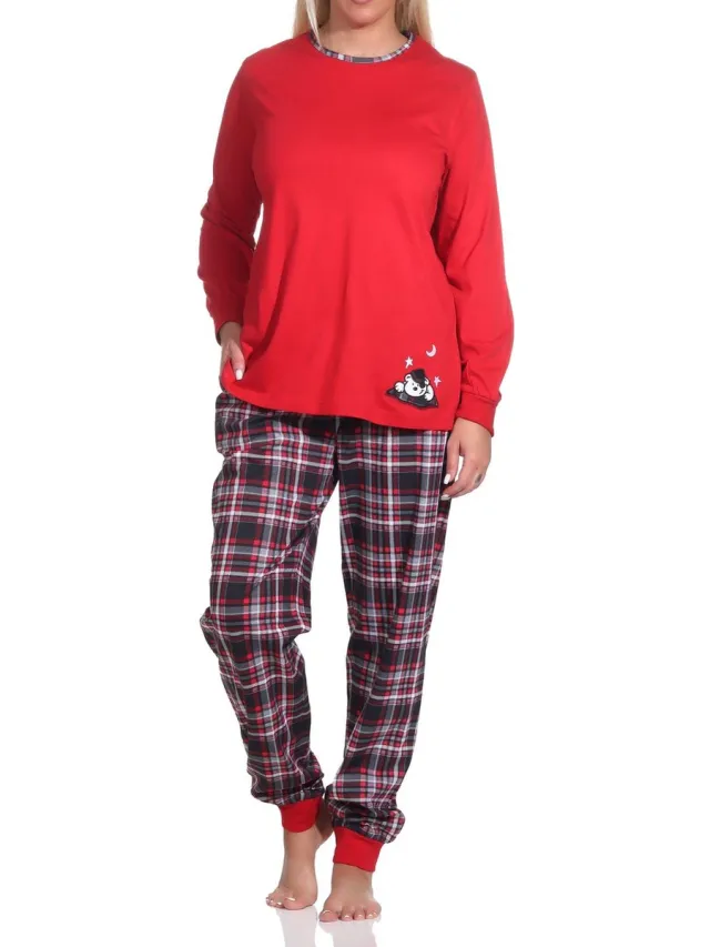 Normann Damespyjama met boorden met geruite broek en schattig dierenmotief - ook in overmaten rot