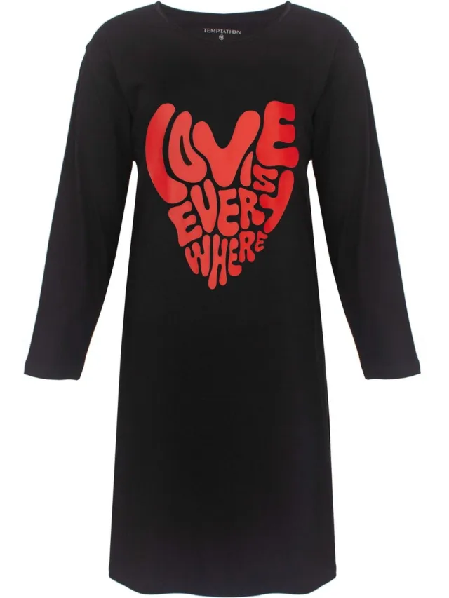 Temptation Dames Bigshirt - Love is everywhere Print - Zwart