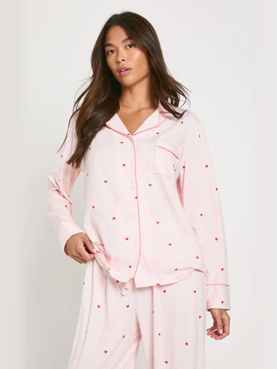 boohoo Dames Super Soft Bow & Heart Trouser PJ Set lichtroze, foto 4
