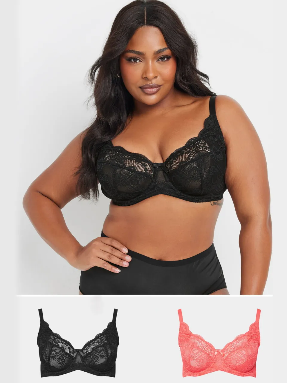 Yours 2 Pack Bh's Met Bloemenkant En Beugel In Zwart/Roze Black