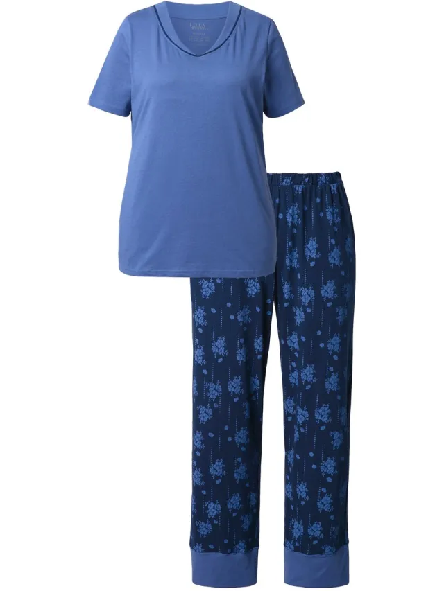 Ulla Popken Dames - Pyjama bloemen V-hals korte mouw - Licht zeilblauw - Maat 42+
