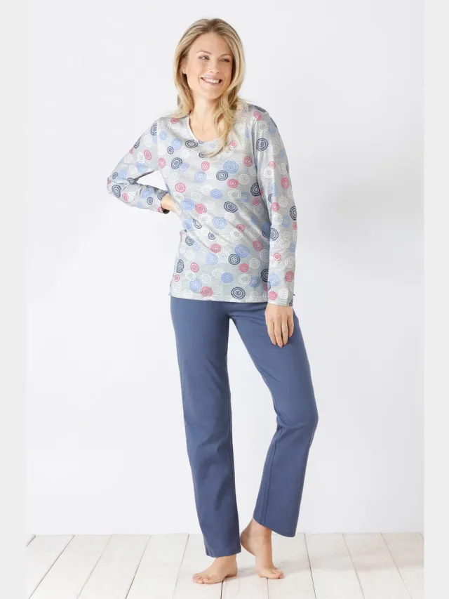 Hajo Dames pyjama grafische cirkels Hajo - Grijs - Maat - 52/54