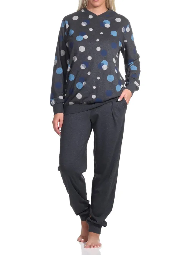 Normann Damespyjama met manchetten in elegante polka dot / stippen look - ook in oversize blau