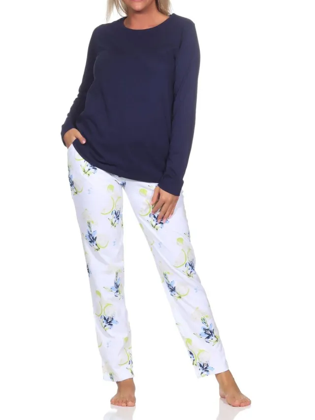 Normann langer Pyjama für Damen, Pyjamahose mit Blumenmuster - auch in großen Größen marine