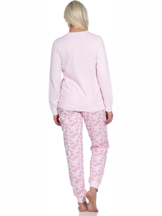 Normann Dames Lange Mouw Pyjama met Manchetten in Hartmotief Optiek - Ook in Oversizes rosa