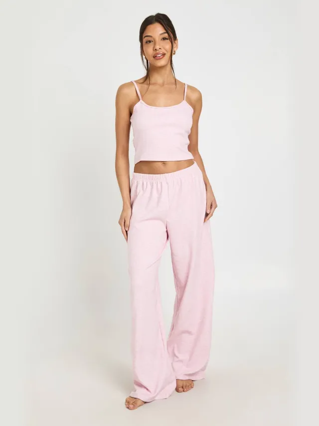 boohoo Dames Contrasterende Geribbelde Cami & Broek Pyjama Set Lichtroze