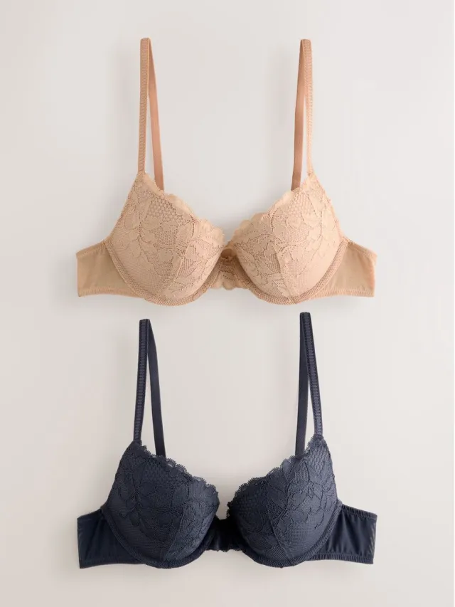 Next Dames - Set van 2 push-up beha's met lage decolleté en kant - Huidkleur Neutral/Navy