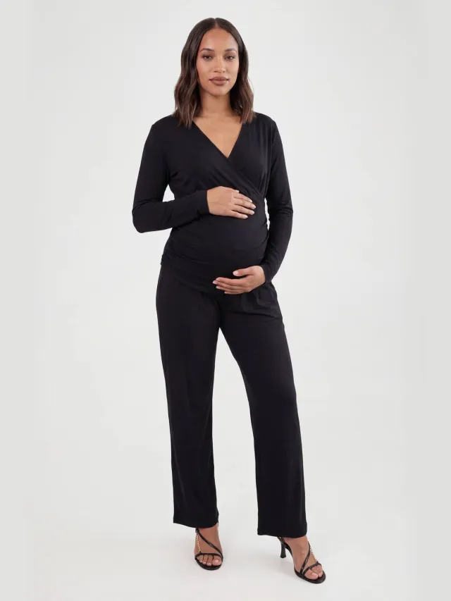 boohoo Dames Zwangerschaps Super Zacht Basic Geplooid Top & Elastische Broek Lounge Set Zwart