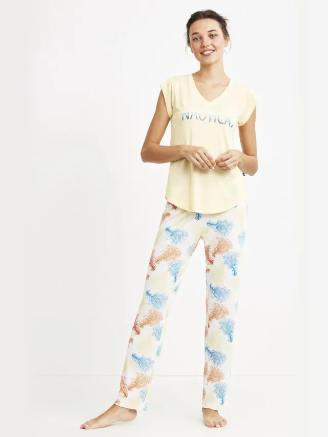 Nautica Dames Pyjama Set, Korte Mouwen Geel