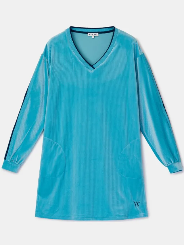 Woody slaapkleed dames velours - blauw - 262-15-TDB-V/824