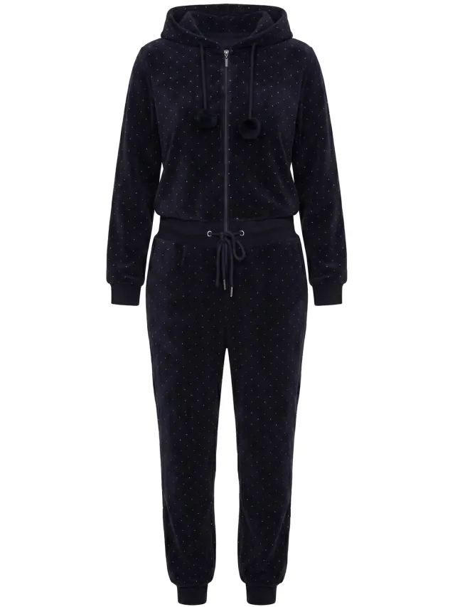 Ulla Popken Dames - Homewear overall pluche stippen capuchon lange mouwen - Zwart - Maat 62+