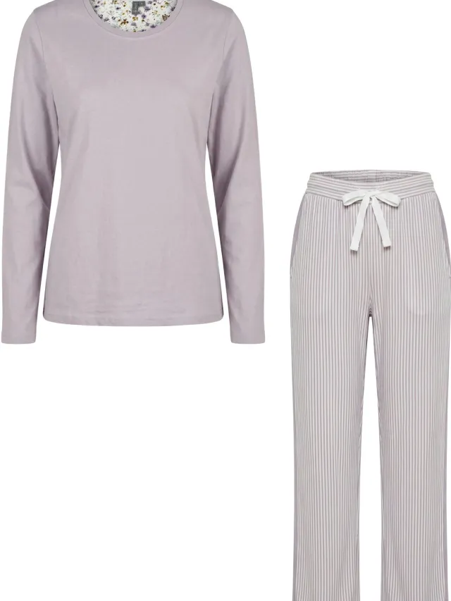 By Louise Dames Pyjama Set Lang Katoen Gestreept Lila