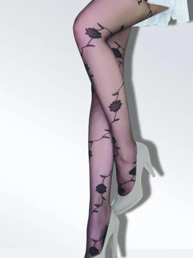 Daymod Fantasie Selen Met Vintage Bloemenprint - Luxe Dames Panty 15 Denier - ZWART
