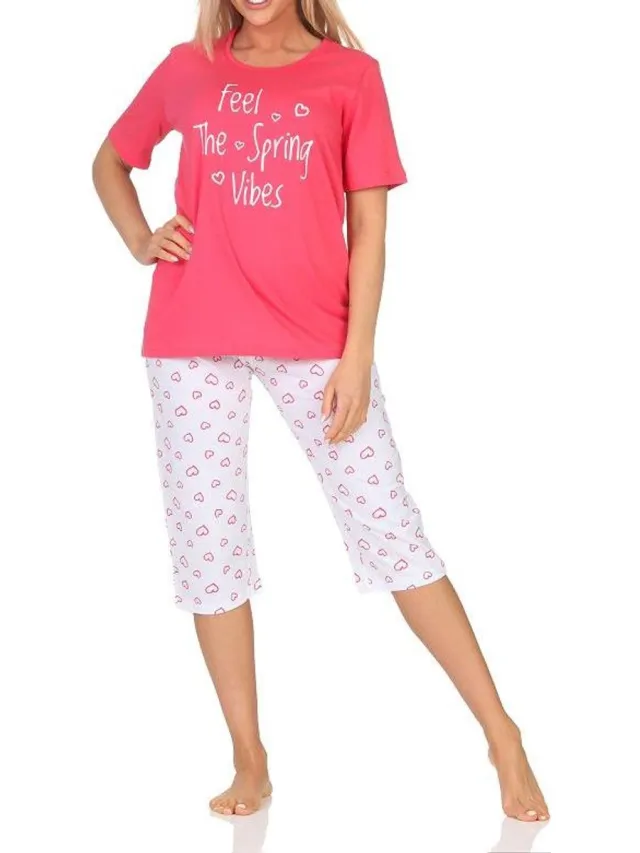 Normann dames pyjama korte mouw, pyjama capri broek in hartjeslook pink