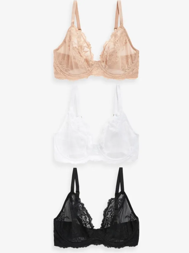 Next Dames - Set van 3 DD+ kanten beha's met lage decolleté zonder vulling - Zwart Black/White/Praline Nude