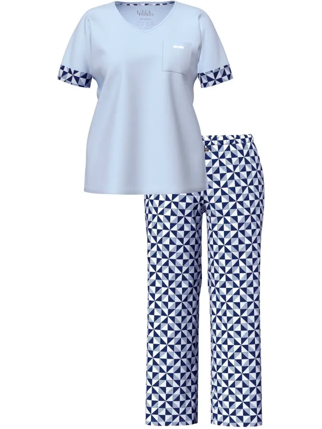 Ulla Popken Dames - Pyjama ruitjespatroon V-hals korte mouw - Lichtblauw - Maat 58+