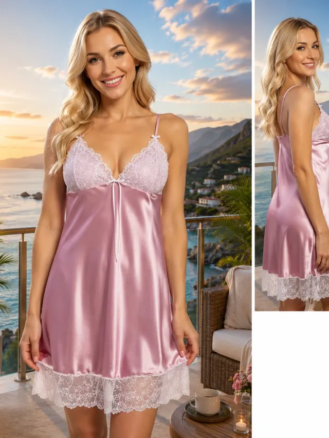 DKaren Karmen van DKaren | mooie en sexy nachtemd | kwaliteit satijn | roze met witte kant roze- wit