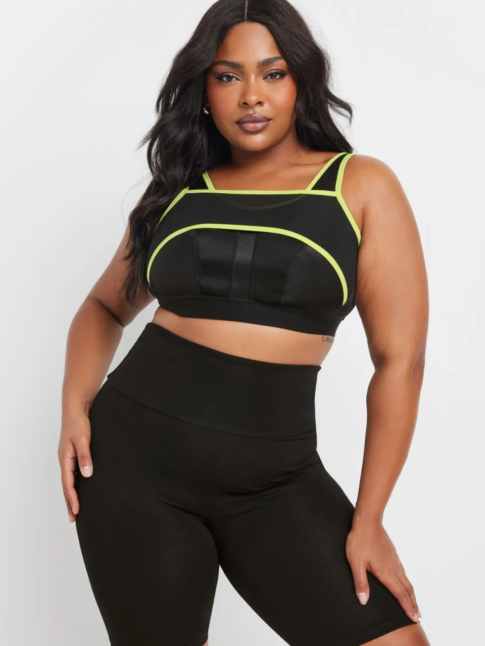 Yours Sport Bh Met Mesh En Contrastrand In Zwart/Geel-D Black