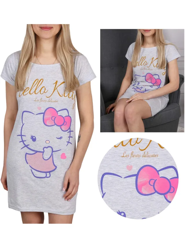 Hello Kitty Grijze damesnachtpon, pyjama katoenen slaaphemd