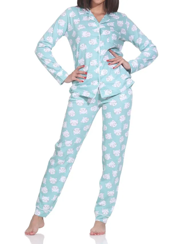 Normann dames jersey pyjama lange mouw knoopsluiting - ook in grote maten türkis