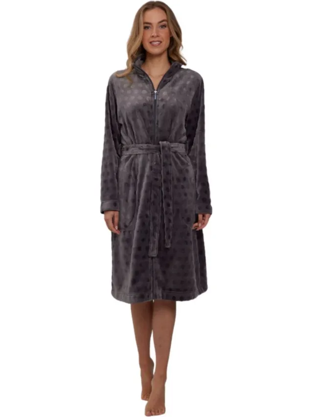Pastunette Dames badjas met rits - donkergrijs - fleece - zacht & warm - ritssluiting badjas dames - luxe ochtendjas -stippen reliëf - maat S (36-38)