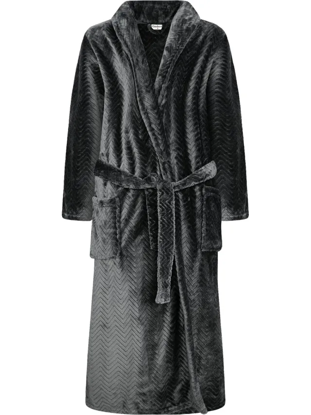 GAUBERT Unisex Badjas Extra Lang met Sjaalkraag en Ceintuur - Ochtendjas - Superzacht Coral Fleece - Heren Dames - Reli√´f Visgraat Zwart - 8212-Black Unisex, Ceintuur, Visgraat Patroon Zwart