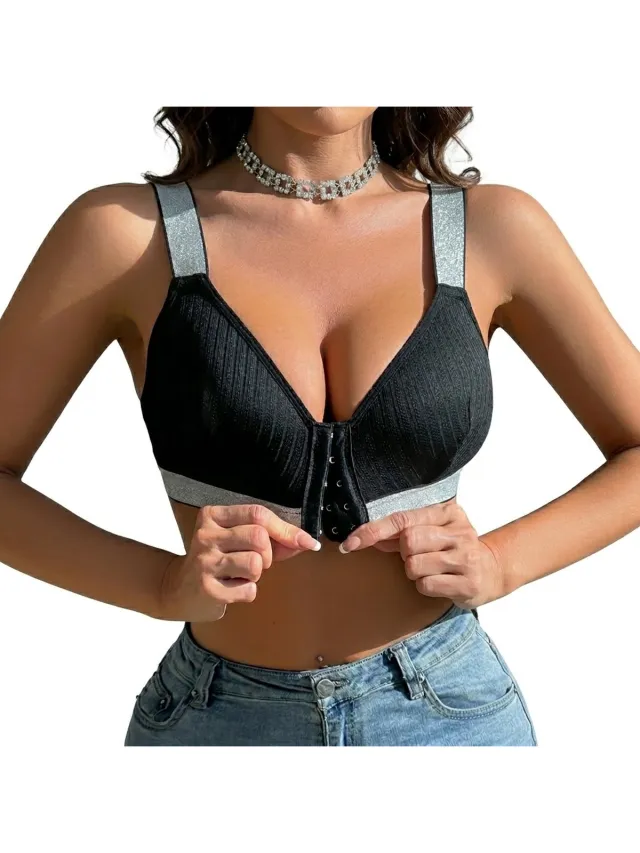 NUVEX Zwarte gestreepte bh dames maat S – draadloze beha met voorsluiting en zilverkleurige banden – comfortabele rib structuur bralette met diepe V hals en brede schouderbanden