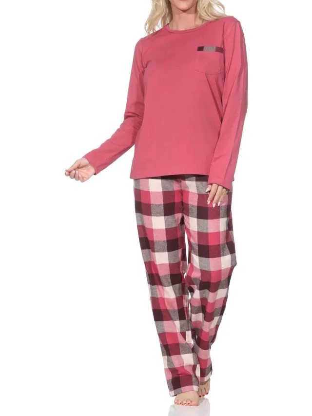 Normann lange damespyjama met geruite flanellen pyjama altrose