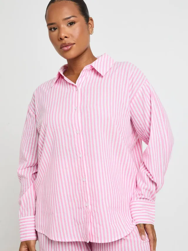 boohoo Dames Plus Katoenen Oversized Pyjamahemd Met Krijtstreep roze, foto 2