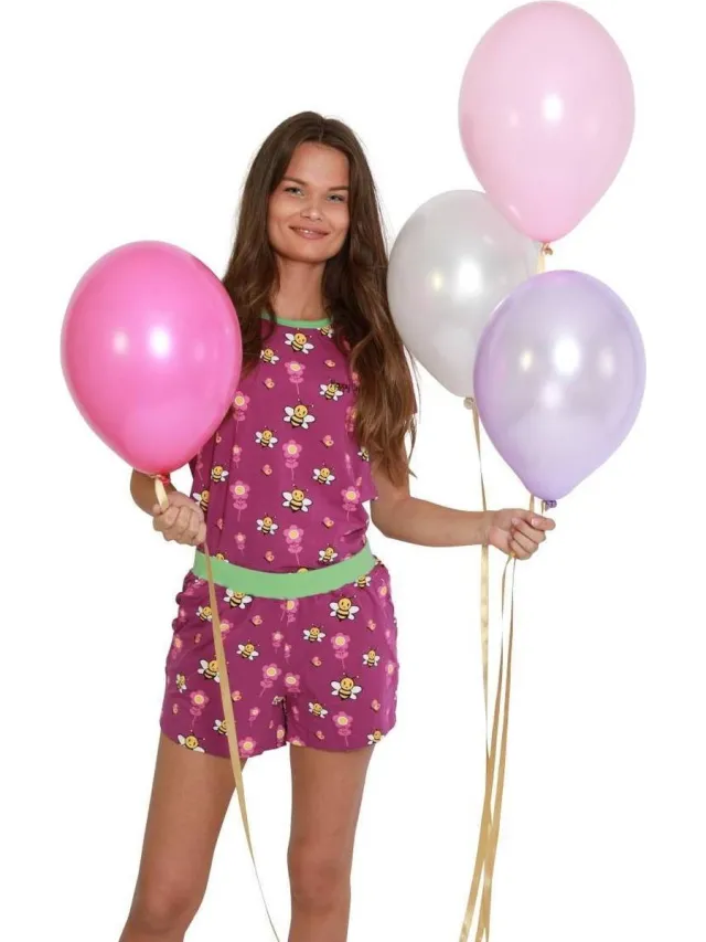 Happy Snooz Happy Pyjama's | Shortama dames met shirt | Summer Nature - Bijen en Bloemen prints | Vrolijk, hip en moderne dames shortama | Maat M (S-XL) Paars