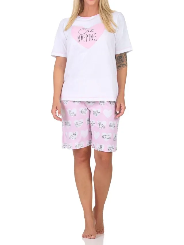 Normann dames pyjama shorty met korte mouwen pyjama met hart- en kattenmotief rosa