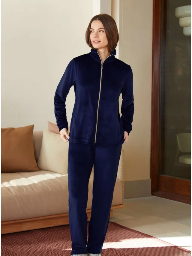 Barandi Bibiana Dames Homewear Set – Vest met Rits en Lange Broek – Velourslook – Donkerblauw