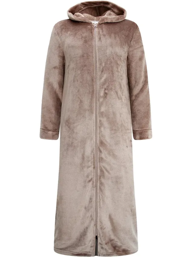 GAUBERT Gaubert Dames Extra Lange Fleece Badjas Met Rits En Capuchon – Zandbeige
