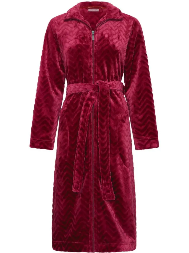 Pastunette Dames Rits Badjas - Ochtendjas - Zacht & Warm Fleece - Stippen reliëf - bordeauxrood