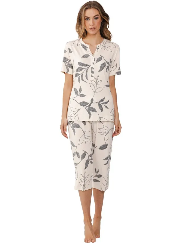Pastunette Premium Pyjama Leaf Shadows - Viscose - Beige/Grijs