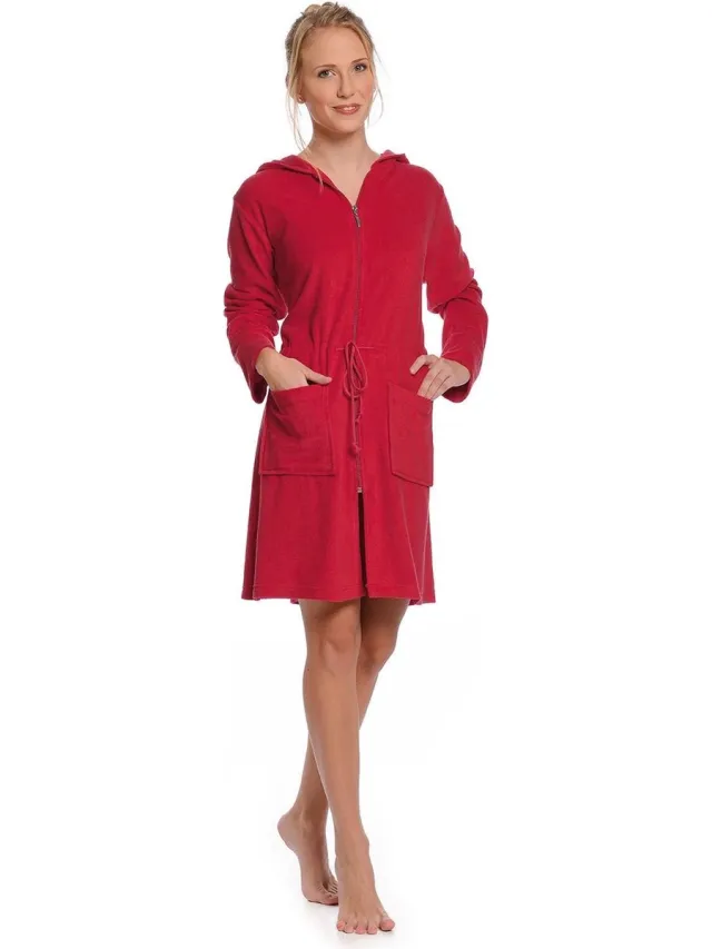 WeWo fashion Rits badjas dames kort – met capuchon – lichtgewicht – dun – sauna - dames badjas met ritssluiting - rood