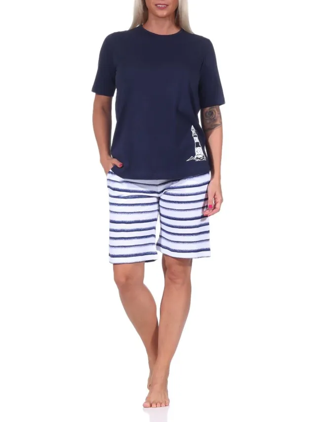 Normann Maritieme dames shorty pyjama met korte mouven, top met vuurtorenmotief, ook in overmaat marine