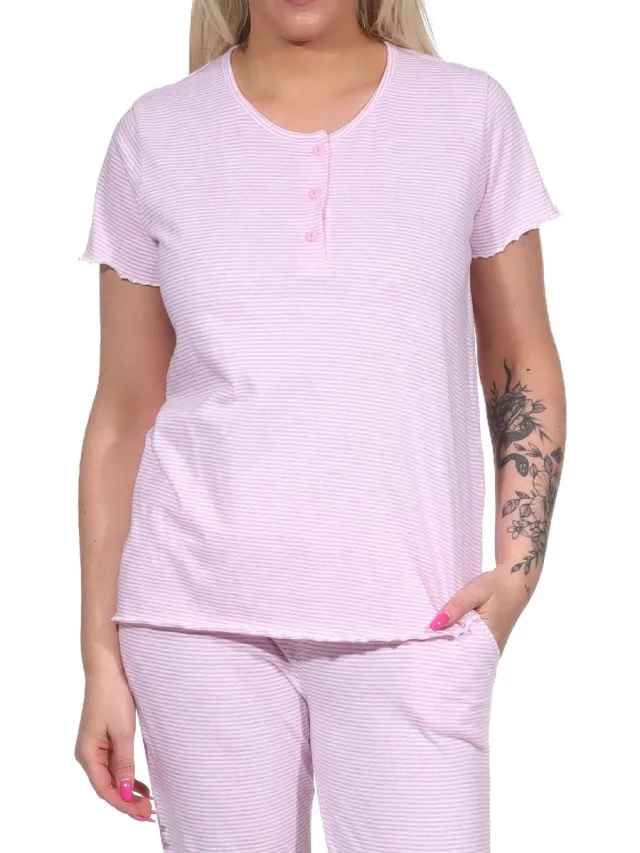 Normann Dames pyjama Top T-shirt met korte mouw mix & match in streepjes look - 122 220 90 903 rosa