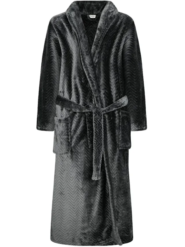GAUBERT Gaubert Unisex Lange Fleece Badjas Met Sjaalkraag – Zwart Visgraat