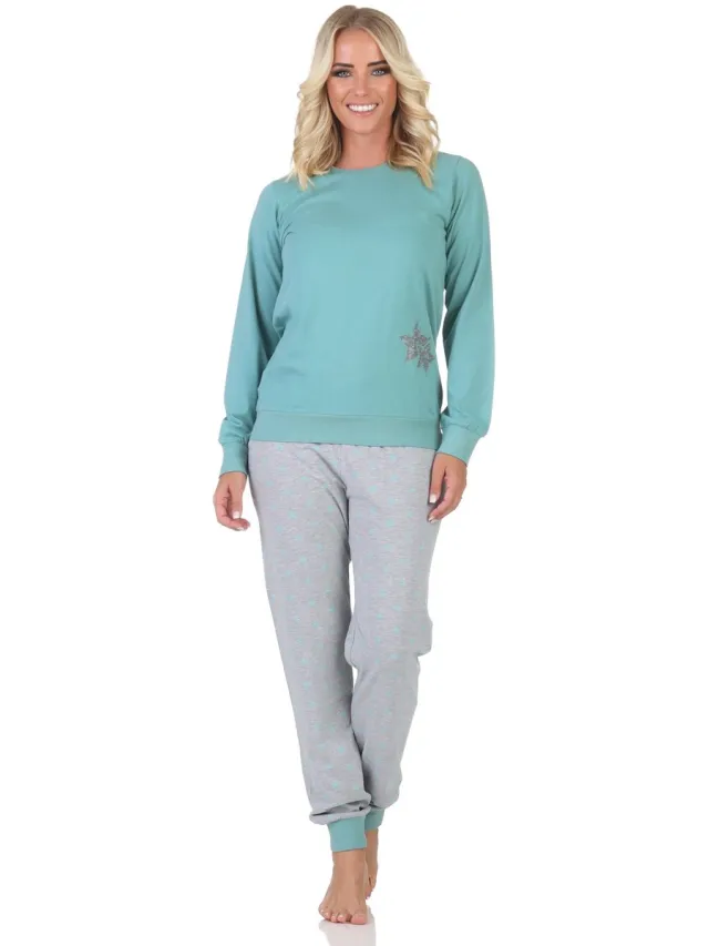 Normann dames pyjama lange mouw in sterrenlook türkis
