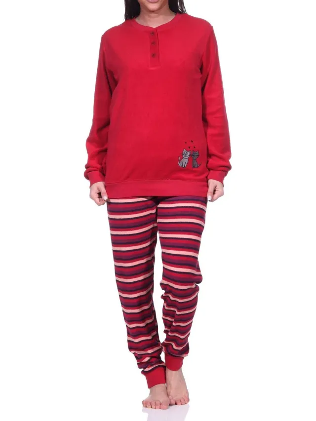 Normann Damespyjama van badstof, pyjama met lange mouwen en schattig kattenmotief rot