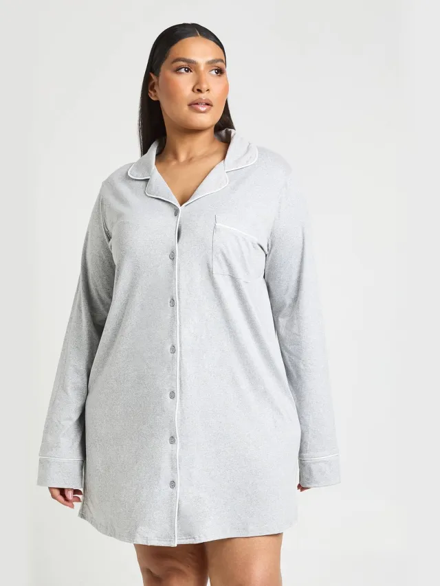 boohoo Dames Plus Nachthemd Met Lange Mouwen En Paspeldetail grijze mergel, foto 3