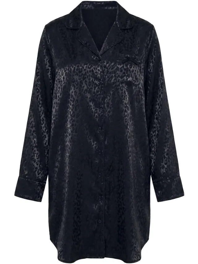 TruYou Dames - TruYou nachthemd luipaardprint reverskraag lange mouwen - Zwart - Maat 54+