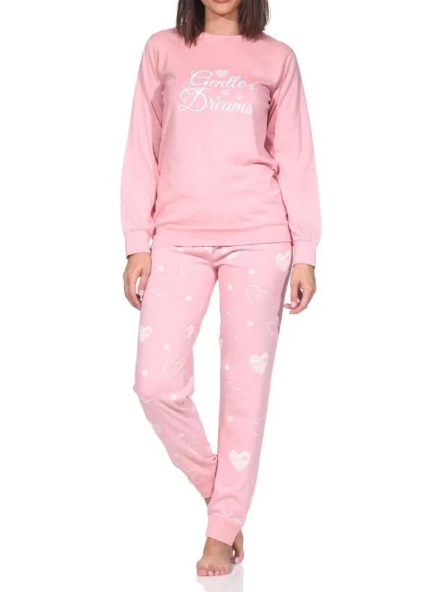 Normann dames pyjama lange mouw in hartjespolkadots look rosa1