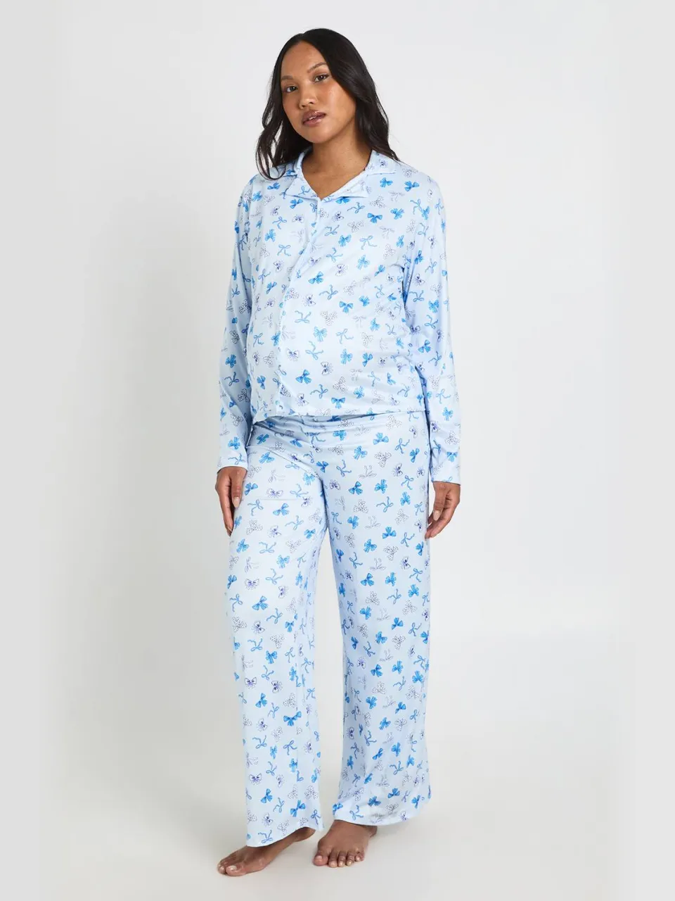 boohoo Dames Zwangerschaps Pyjama Set Met Polkadot En Strikjes Print, Shirt Met Lange Mouwen & Broek blauw, foto 2