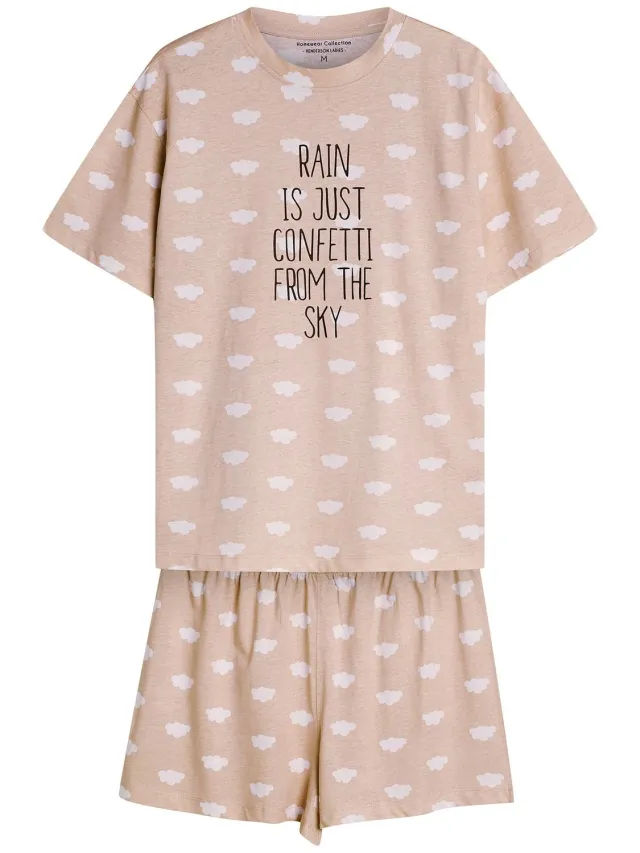 ESOTIQ Henderson Nubes - Damespyjama - Zandbeige - Korte mouwen - Katoenen shirt
